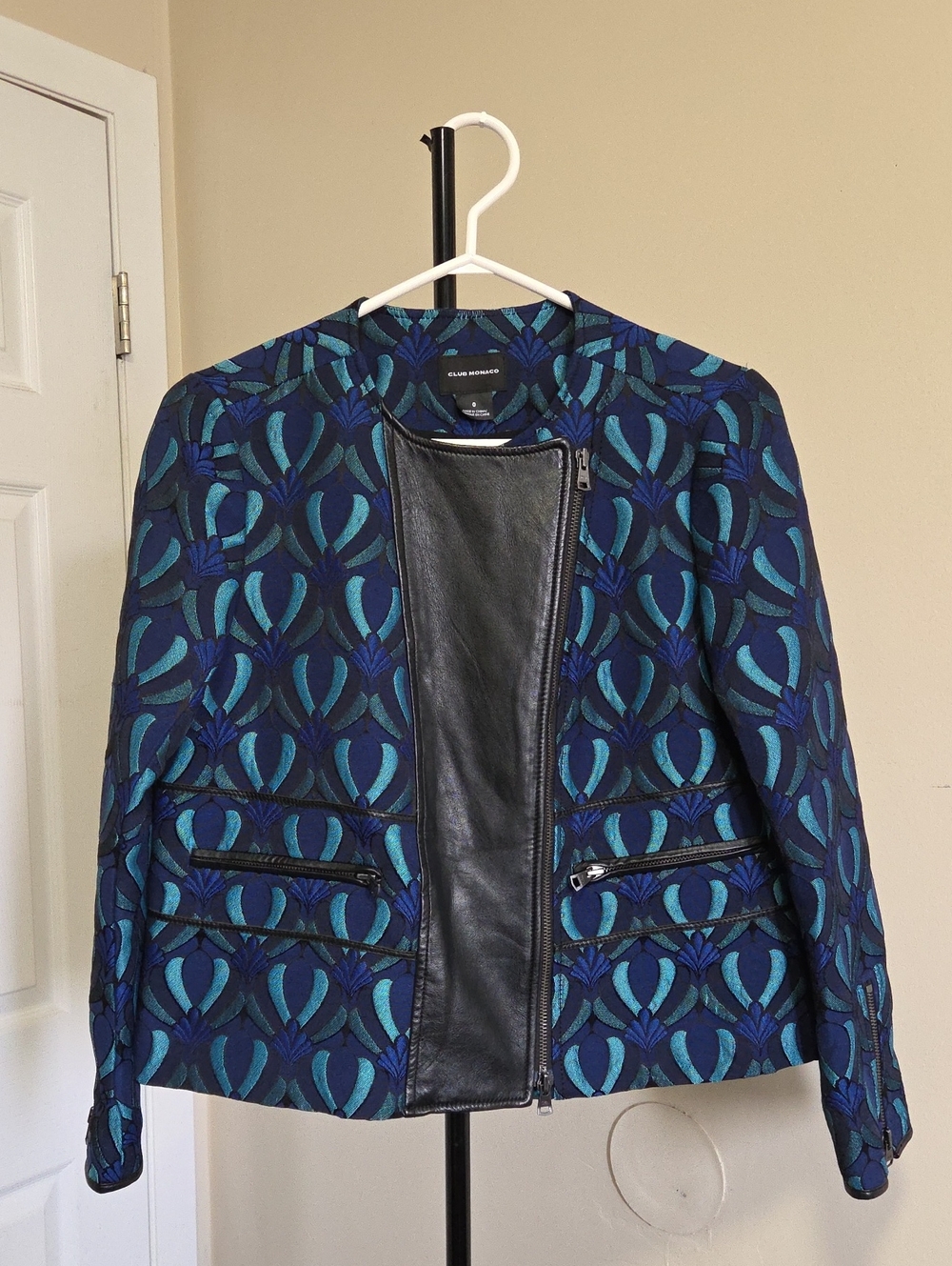 Club Monaco Navy and Teal Patterned Jacket with Black Leather Front